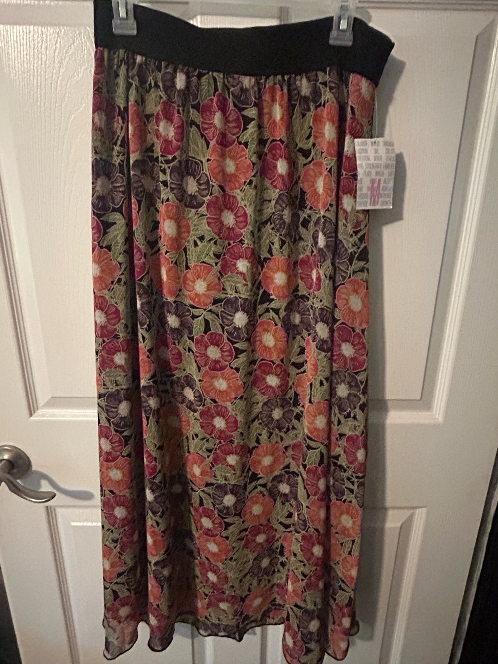 LuLaRoe Floral Maxi Skirt in Orange, Purple & Green with Black Waistband